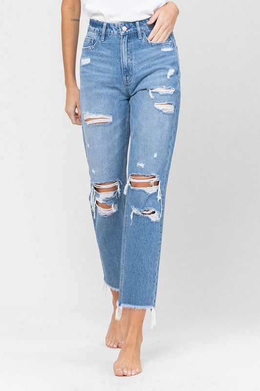 Distressed Raw Hem Mom Jean Capris
