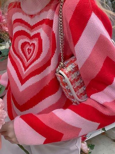 Retro Hearts on a Mock Neck Long Sleeve Sweater