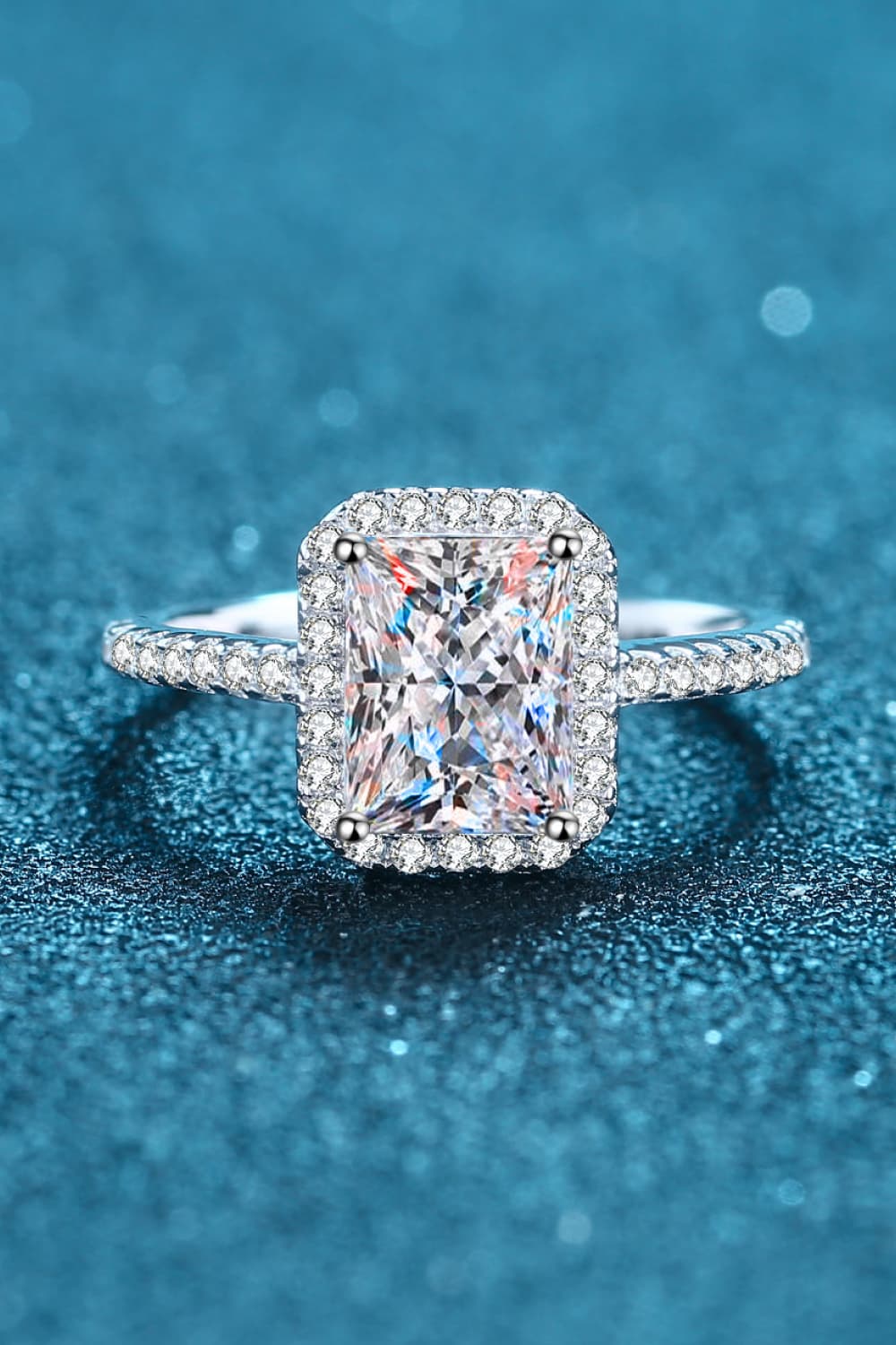 2 Carat Rectangular Lab Diamond/ Halo Zircon Stone/ Sterling Silver Ring
