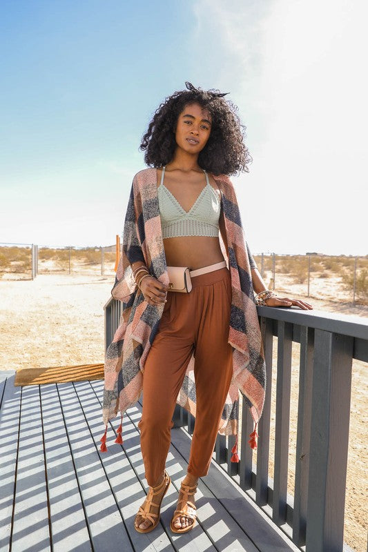 Thin Plaid Kimono with Tassels