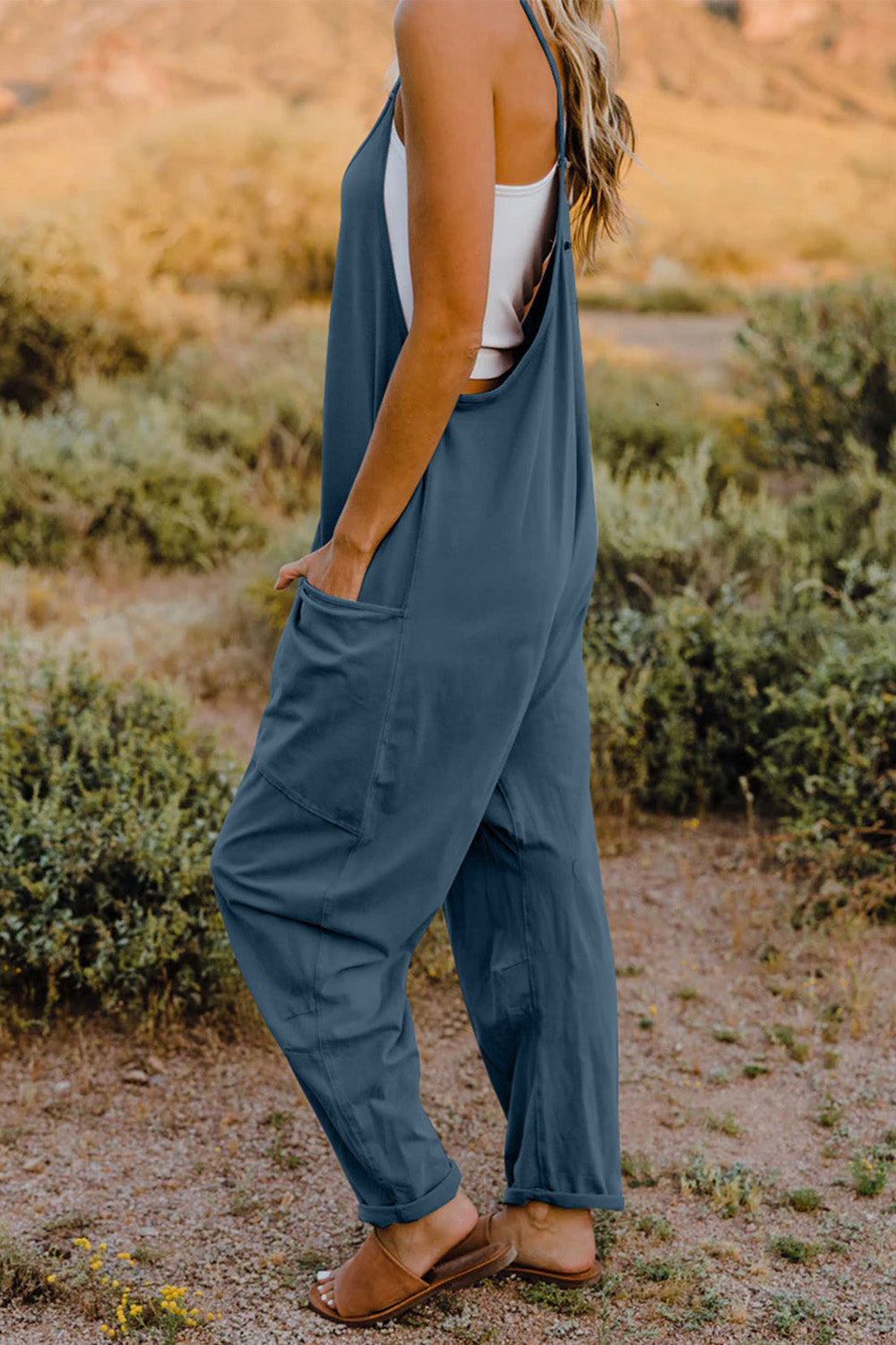 Baggy Loose Fitting Jumpsuit V-Neck Sleeveless with Front Pocket