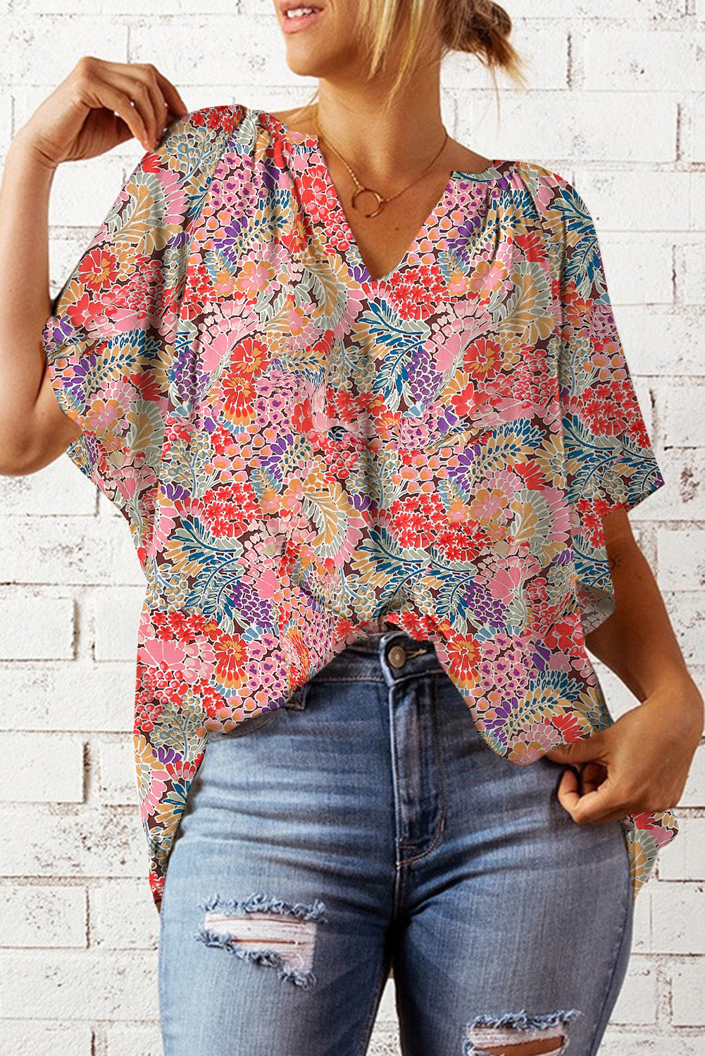 Floral Notched Short Sleeve Blouse
