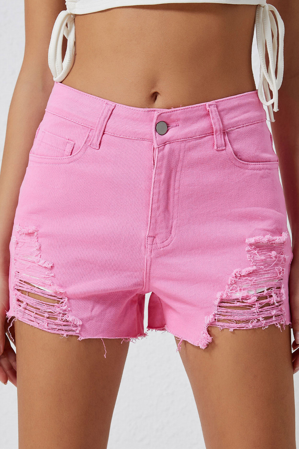 Powder Pink Distressed Denim Shorts