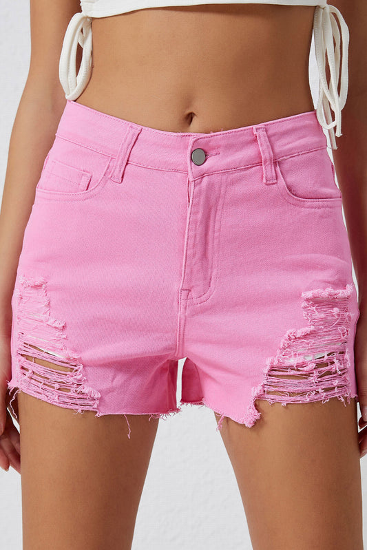 Powder Pink Distressed Denim Shorts