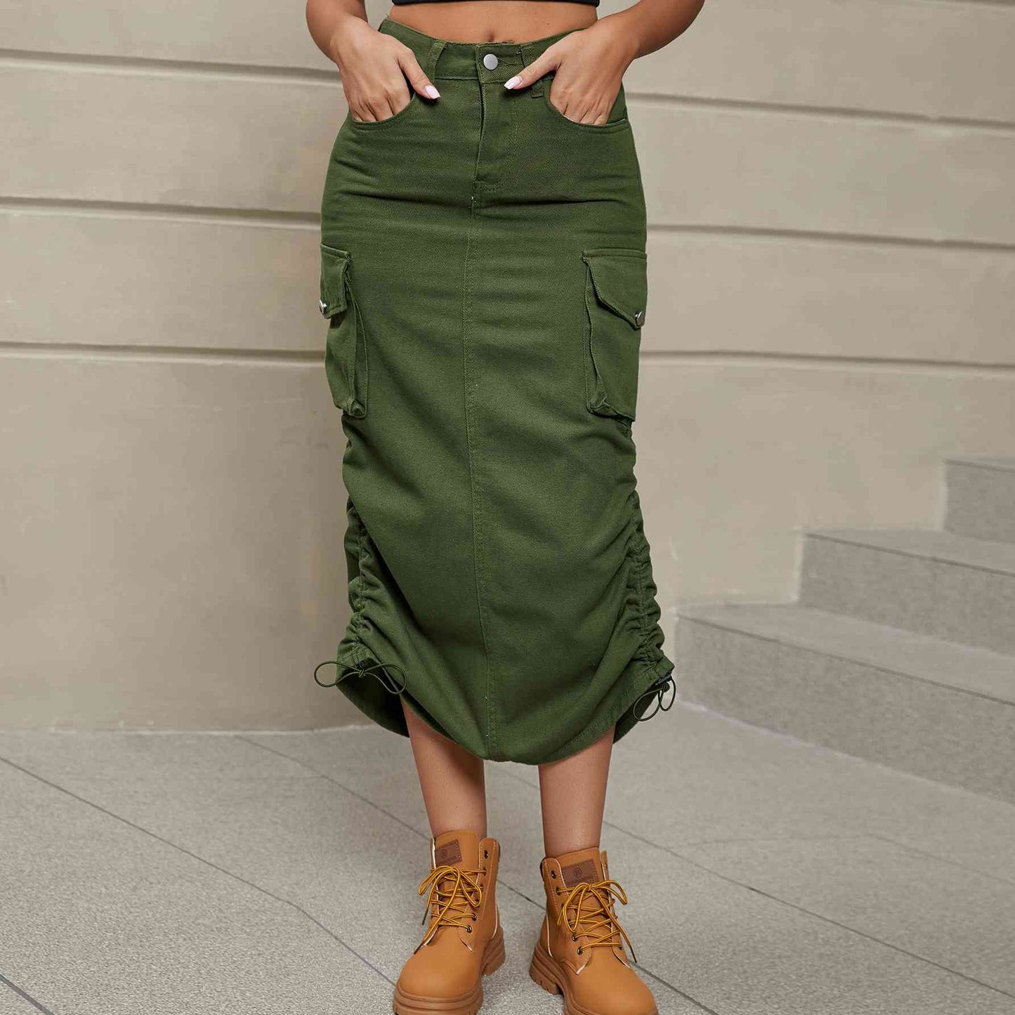 Drawstring Side Ruched Denim Midi Skirt