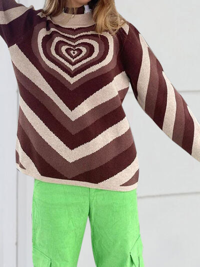 Retro Hearts on a Mock Neck Long Sleeve Sweater