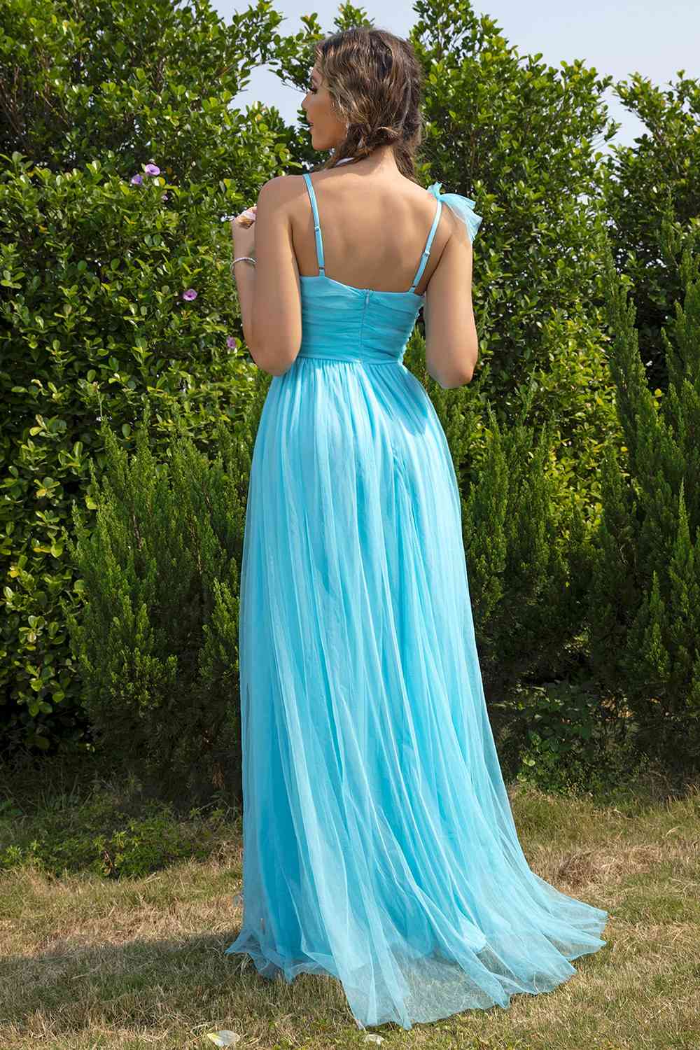 One Frill Sleeve Spaghetti Strap Flowy Chiffon Maxi Dress