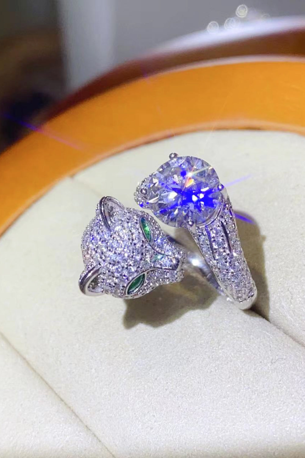 2 Carat Moissanite Adjustable Feline Inspired Platinum Plated Ring