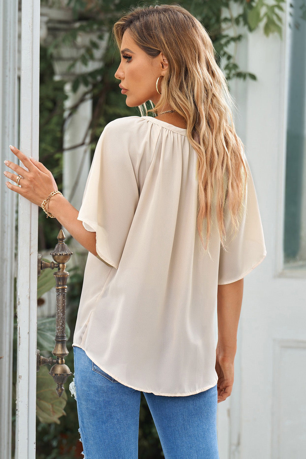 Loose Fit Casual V Neck Flutter Sleeve Top