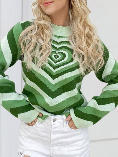 Retro Hearts on a Mock Neck Long Sleeve Sweater
