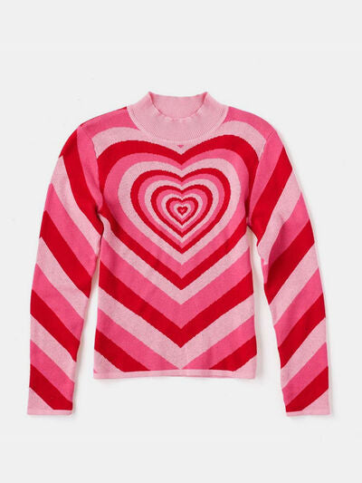 Retro Hearts on a Mock Neck Long Sleeve Sweater