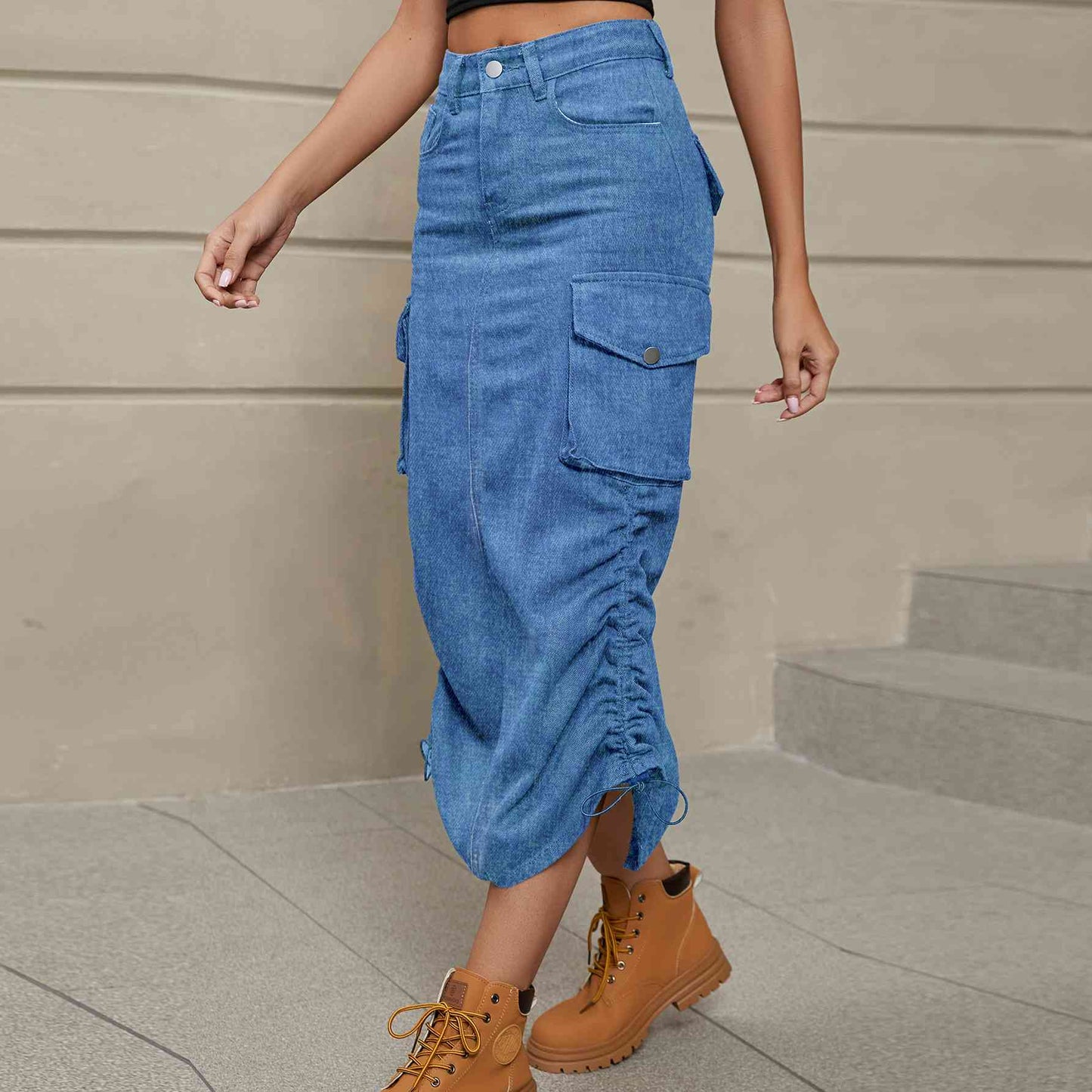 Drawstring Side Ruched Denim Midi Skirt