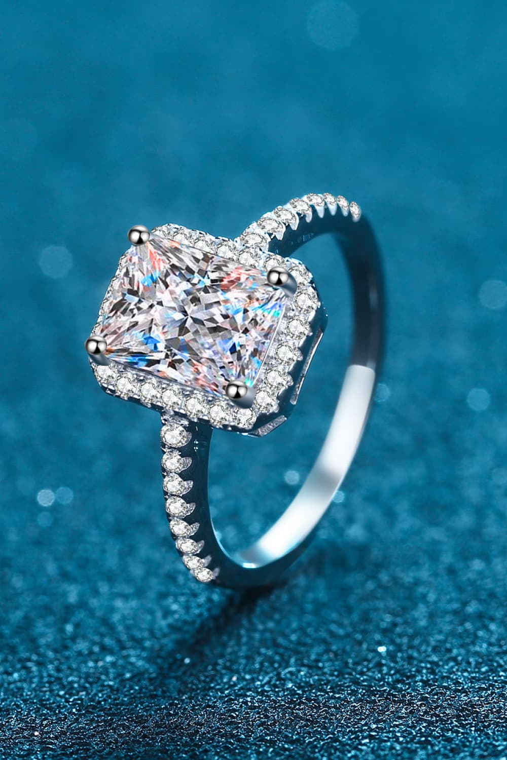 2 Carat Rectangular Lab Diamond/ Halo Zircon Stone/ Sterling Silver Ring