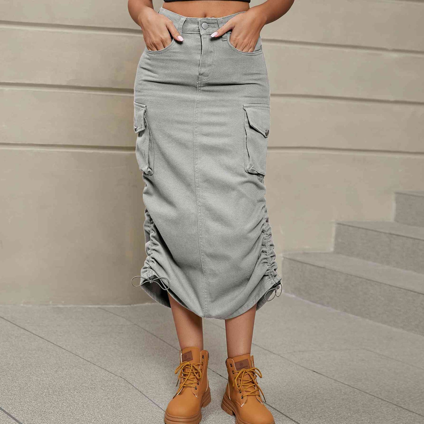 Drawstring Side Ruched Denim Midi Skirt