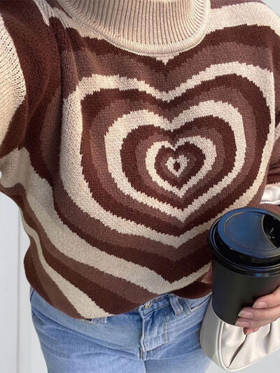 Retro Hearts on a Mock Neck Long Sleeve Sweater