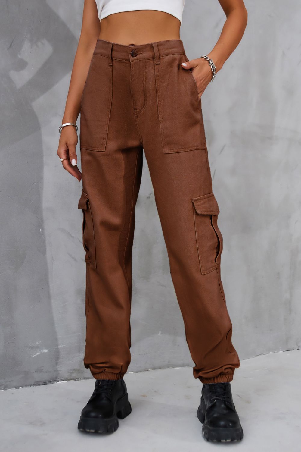 Buttoned High Waist  Cargo Style Jeans with Pockets