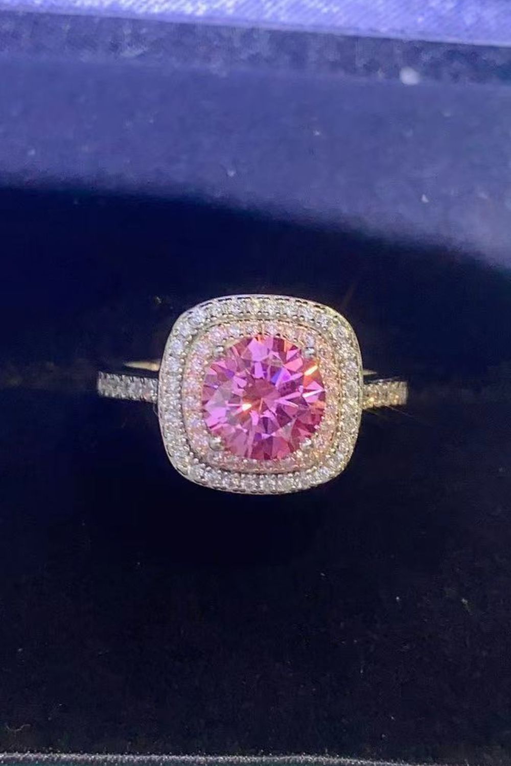 Double Halo / Pink Square Shaped Moissanite Gem Ring