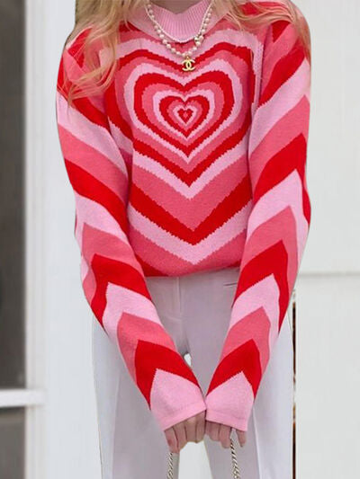 Retro Hearts on a Mock Neck Long Sleeve Sweater