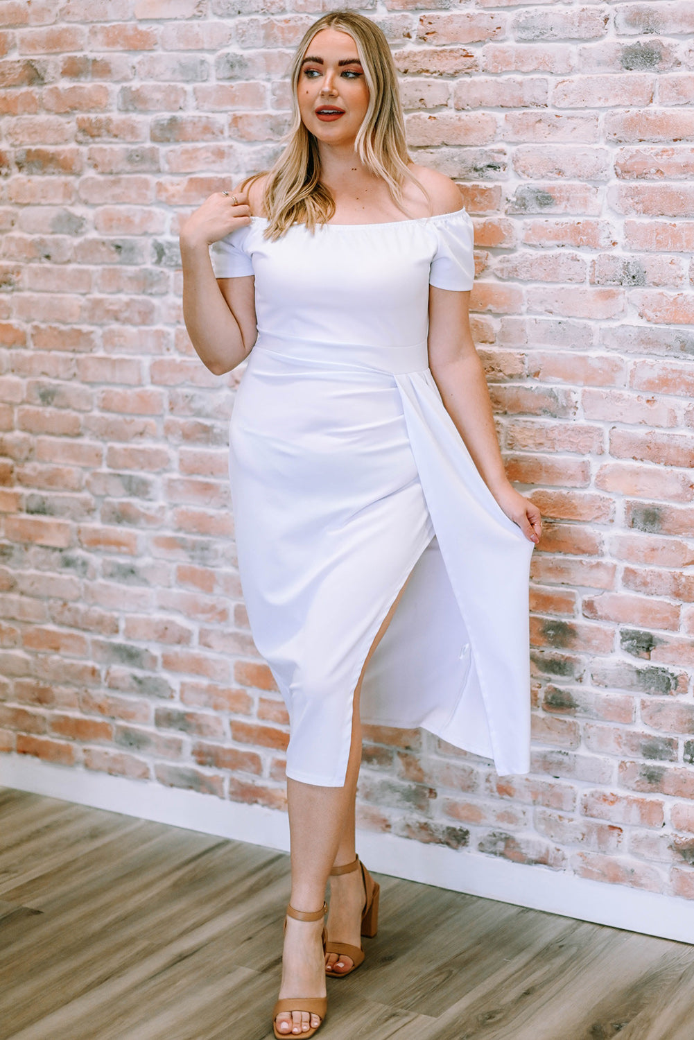 Off-Shoulder - Side Drape -Thigh High Split Midi Dress