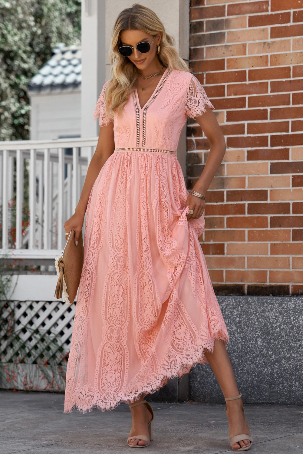 Short Sleeve Scalloped Trim Lace  Maxi Dress