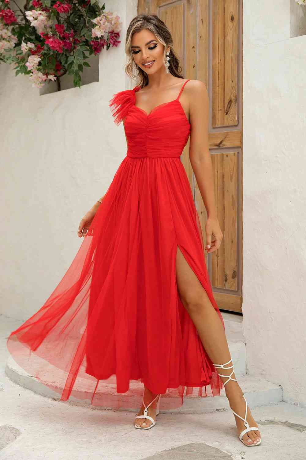 One Frill Sleeve Spaghetti Strap Flowy Chiffon Maxi Dress