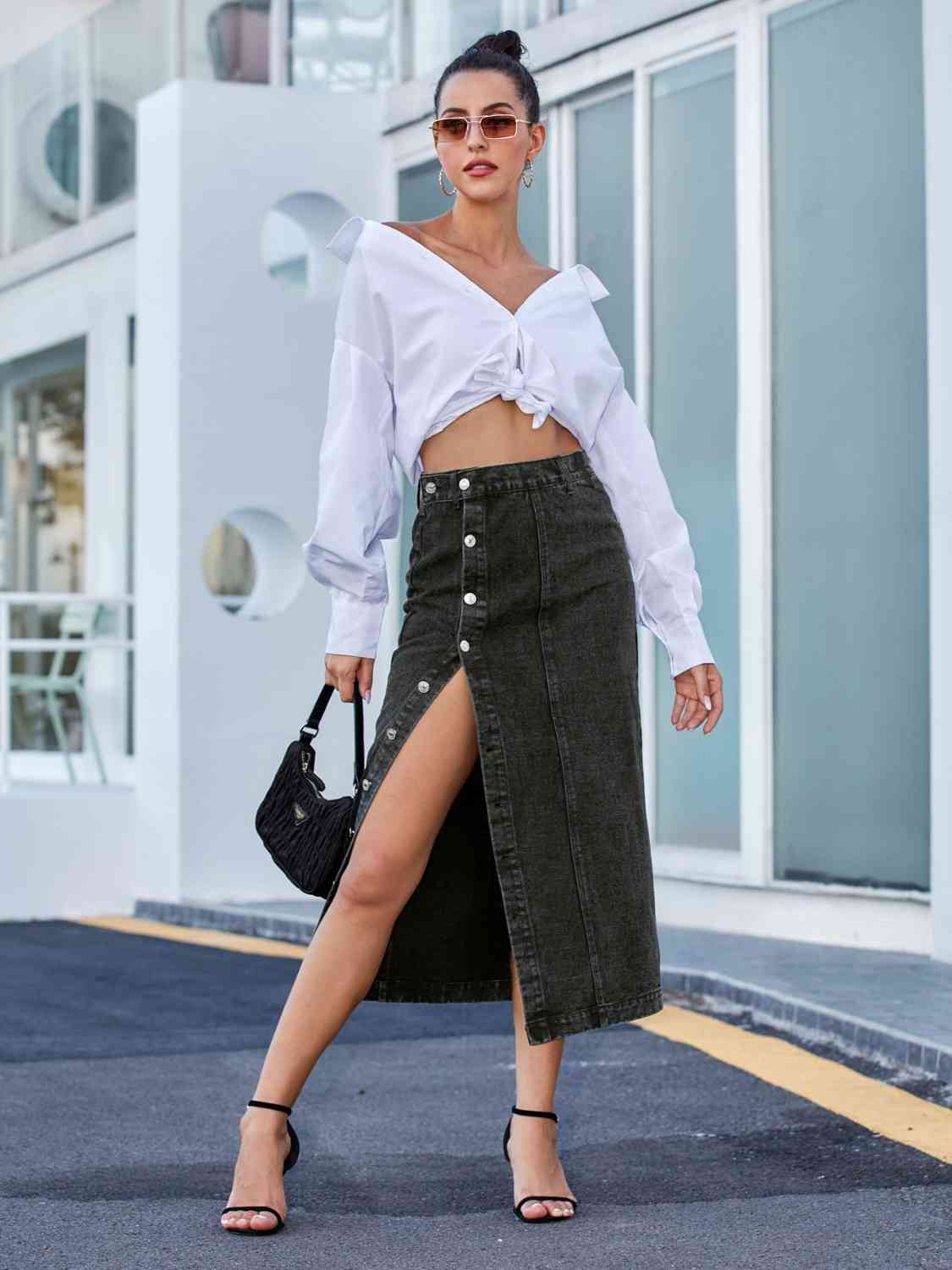 Denim Midi Length Skirt with Buttons Side Split