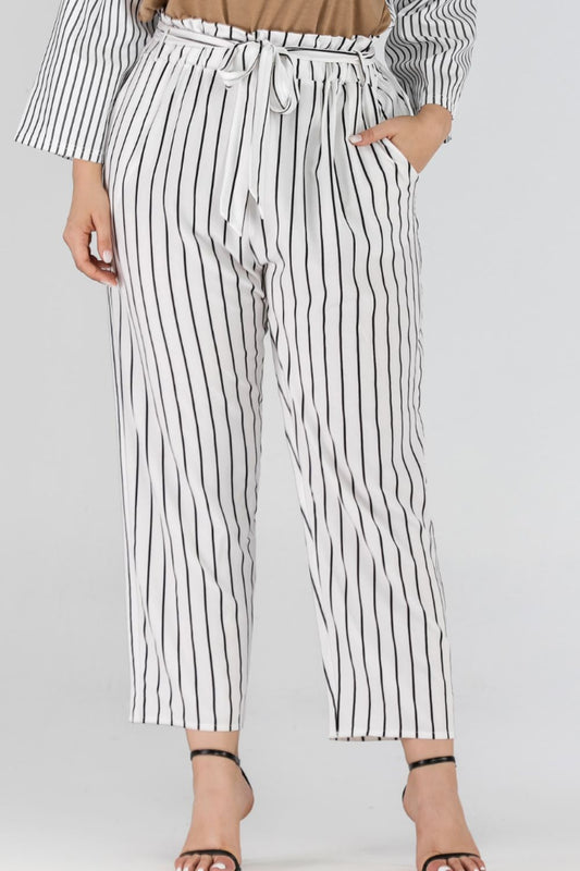 Casual Striped Belted High Waist Cropped Pants