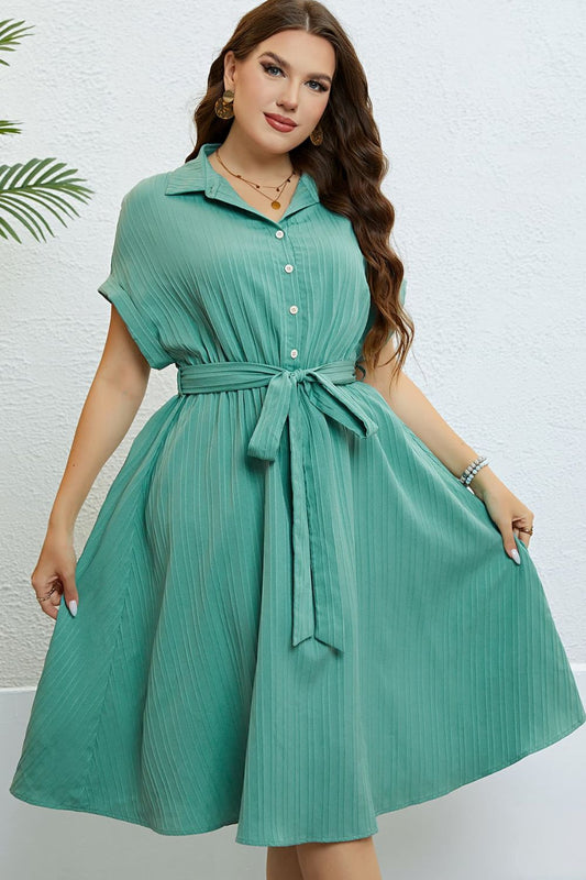 Buttoned and Front Tie-Waist  Knee Length Dress