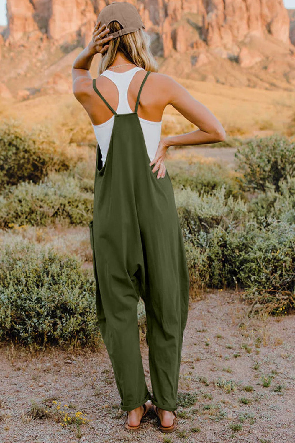 Baggy Loose Fitting Jumpsuit V-Neck Sleeveless with Front Pocket