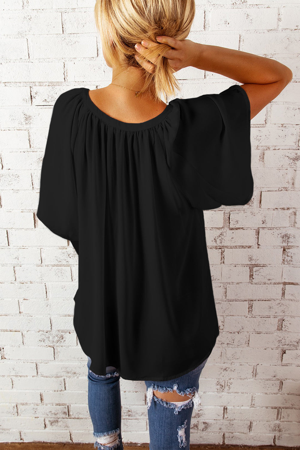 Loose Fit Casual V Neck Flutter Sleeve Top