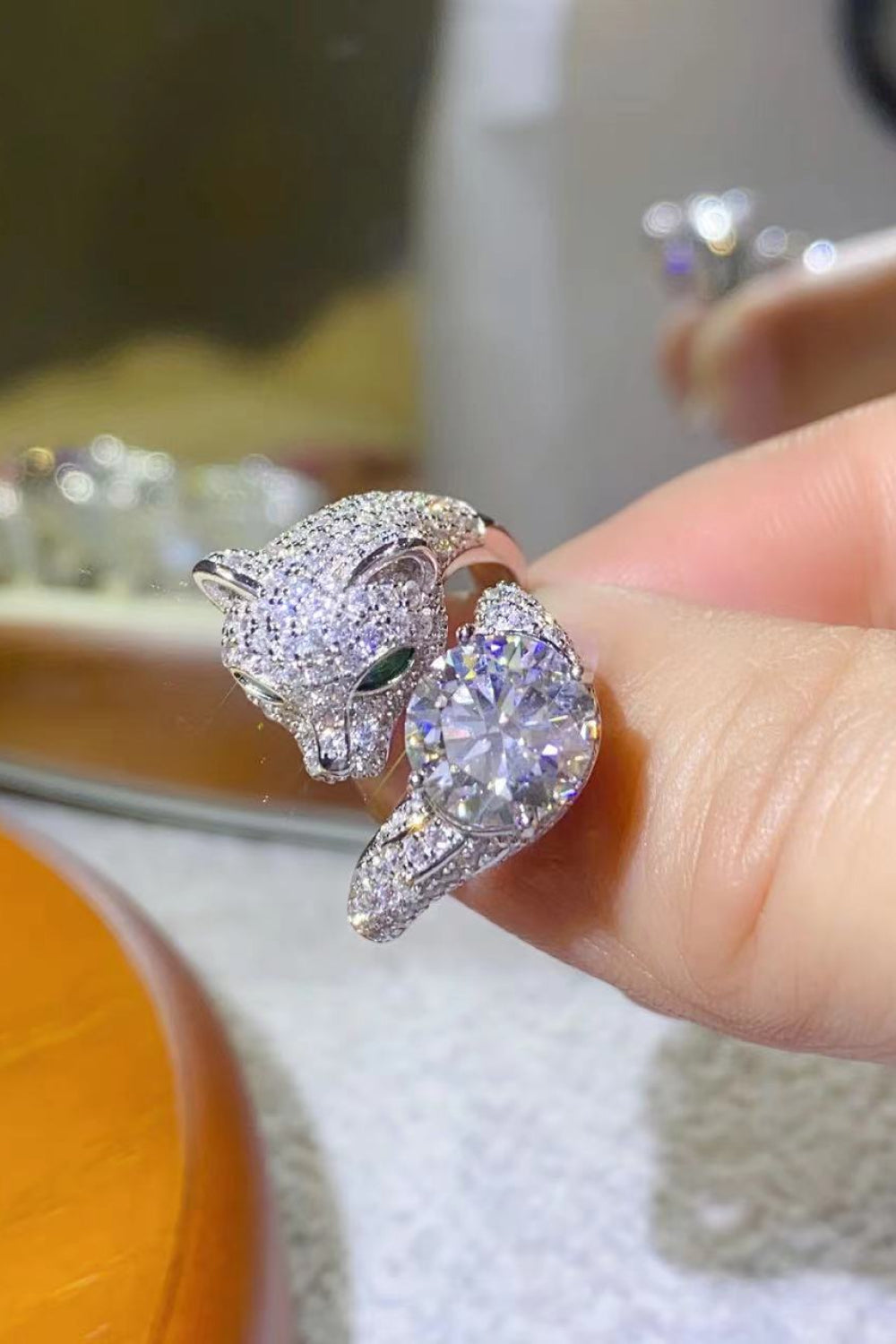 2 Carat Moissanite Adjustable Feline Inspired Platinum Plated Ring