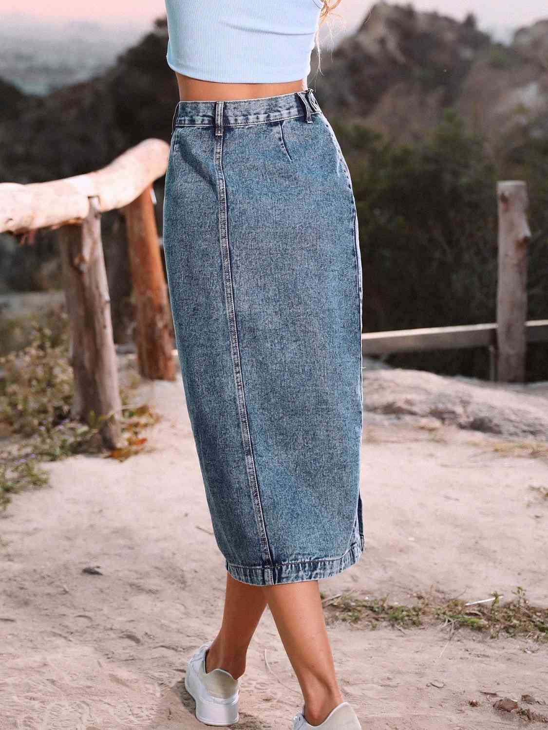 Denim Midi Length Skirt with Buttons Side Split