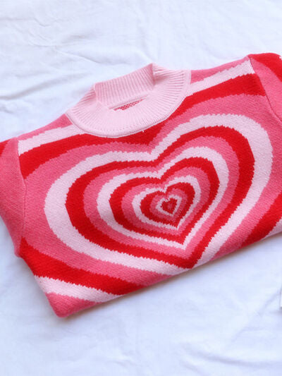 Retro Hearts on a Mock Neck Long Sleeve Sweater