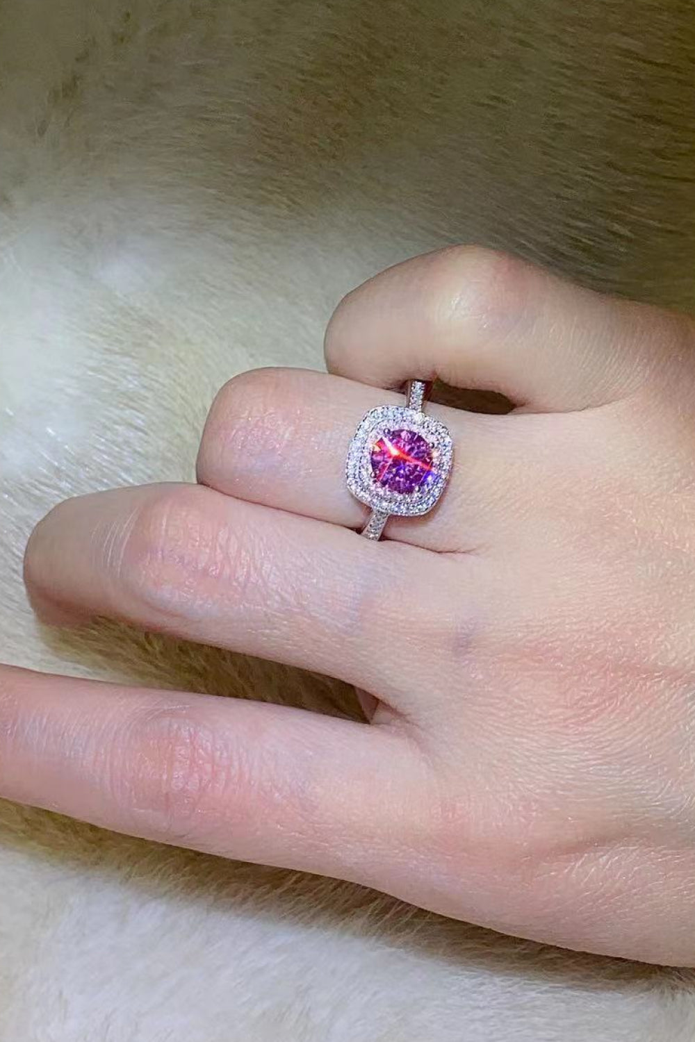 Double Halo / Pink Square Shaped Moissanite Gem Ring