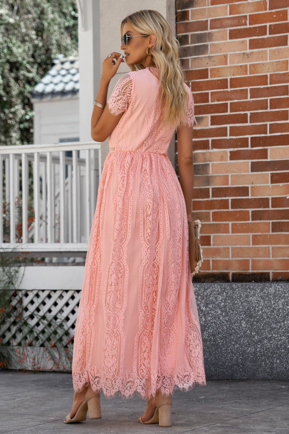 Short Sleeve Scalloped Trim Lace  Maxi Dress