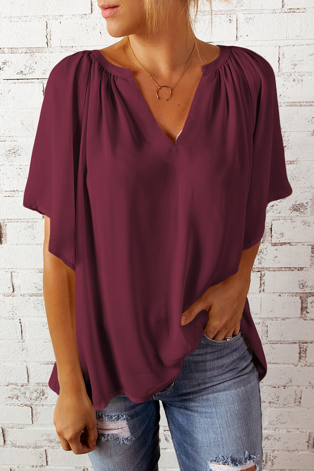 Loose Fit Casual V Neck Flutter Sleeve Top
