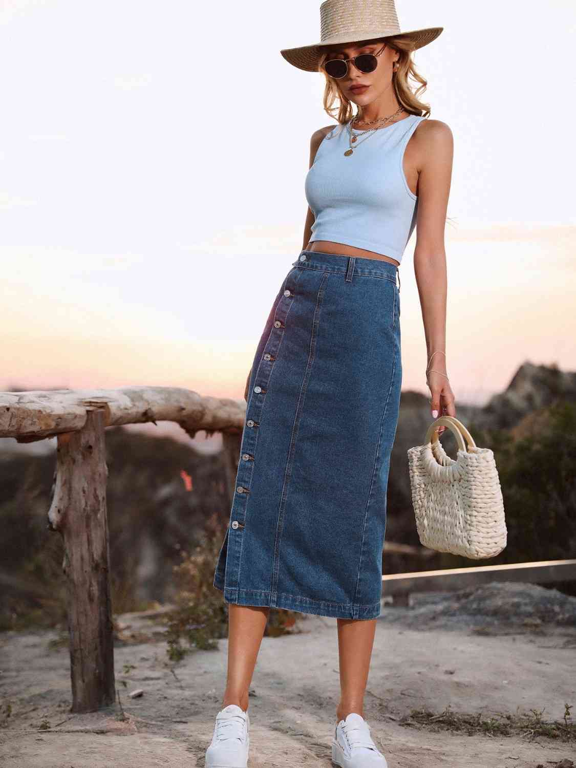Denim Midi Length Skirt with Buttons Side Split