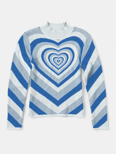 Retro Hearts on a Mock Neck Long Sleeve Sweater