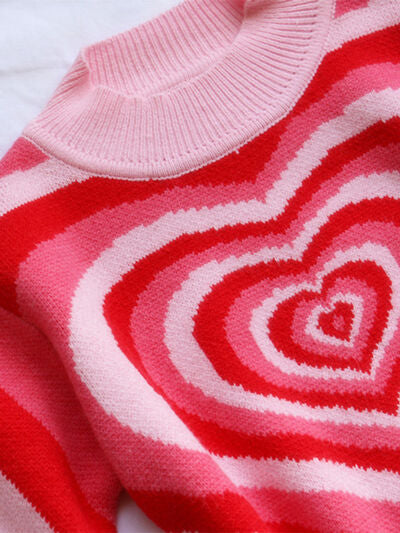 Retro Hearts on a Mock Neck Long Sleeve Sweater