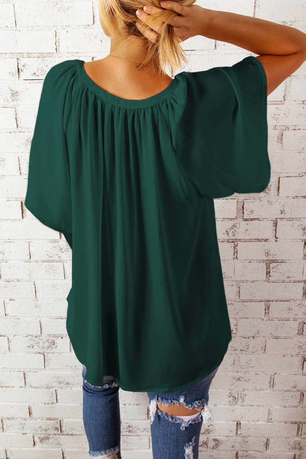 Loose Fit Casual V Neck Flutter Sleeve Top