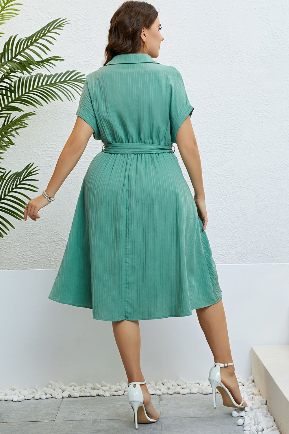 Buttoned and Front Tie-Waist  Knee Length Dress