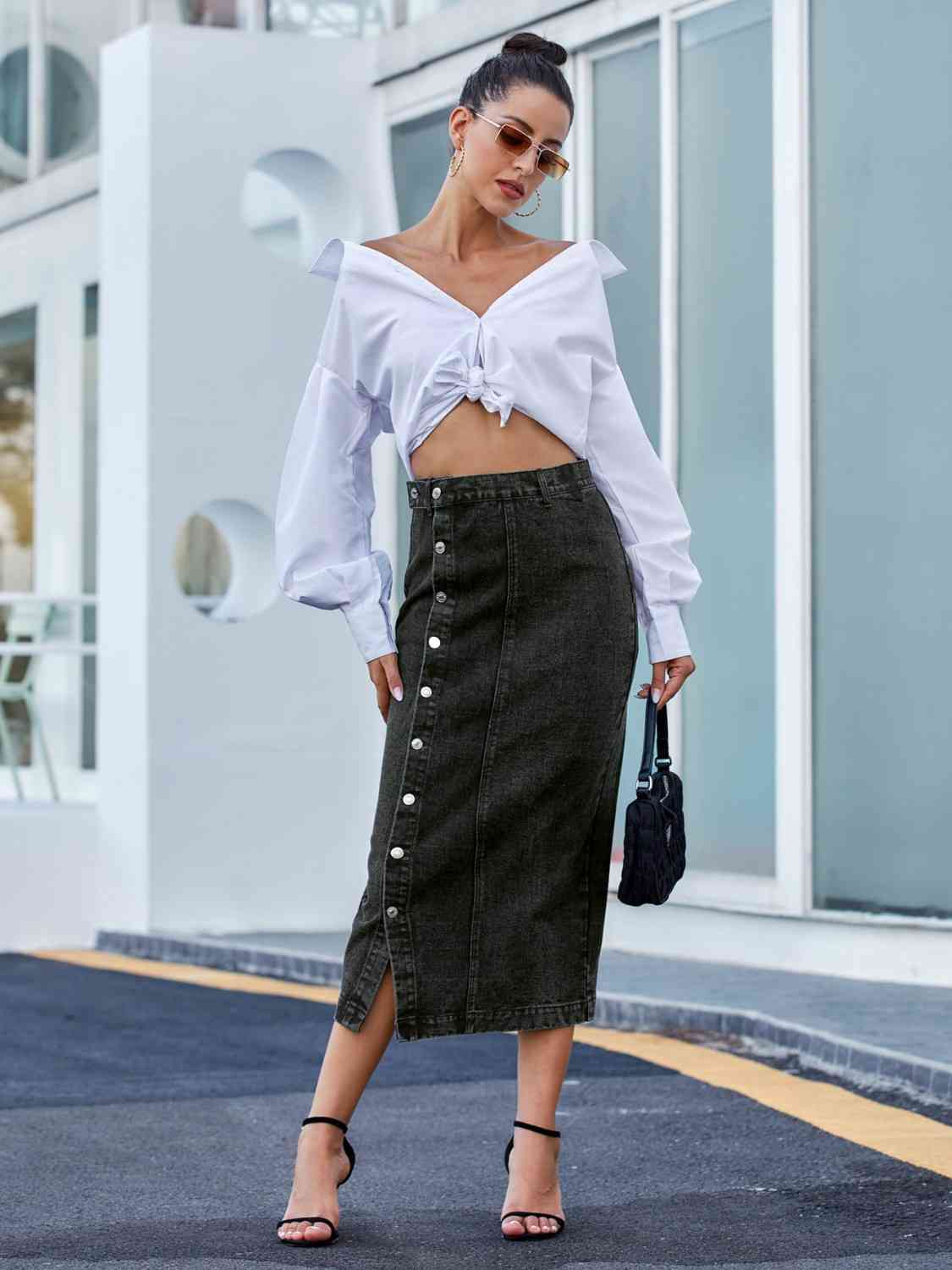 Denim Midi Length Skirt with Buttons Side Split