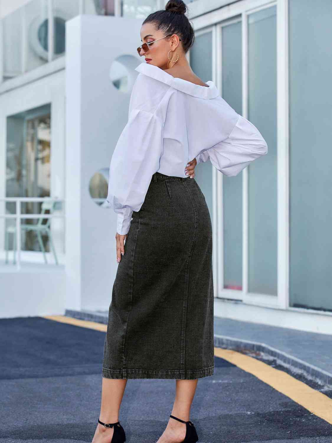 Denim Midi Length Skirt with Buttons Side Split
