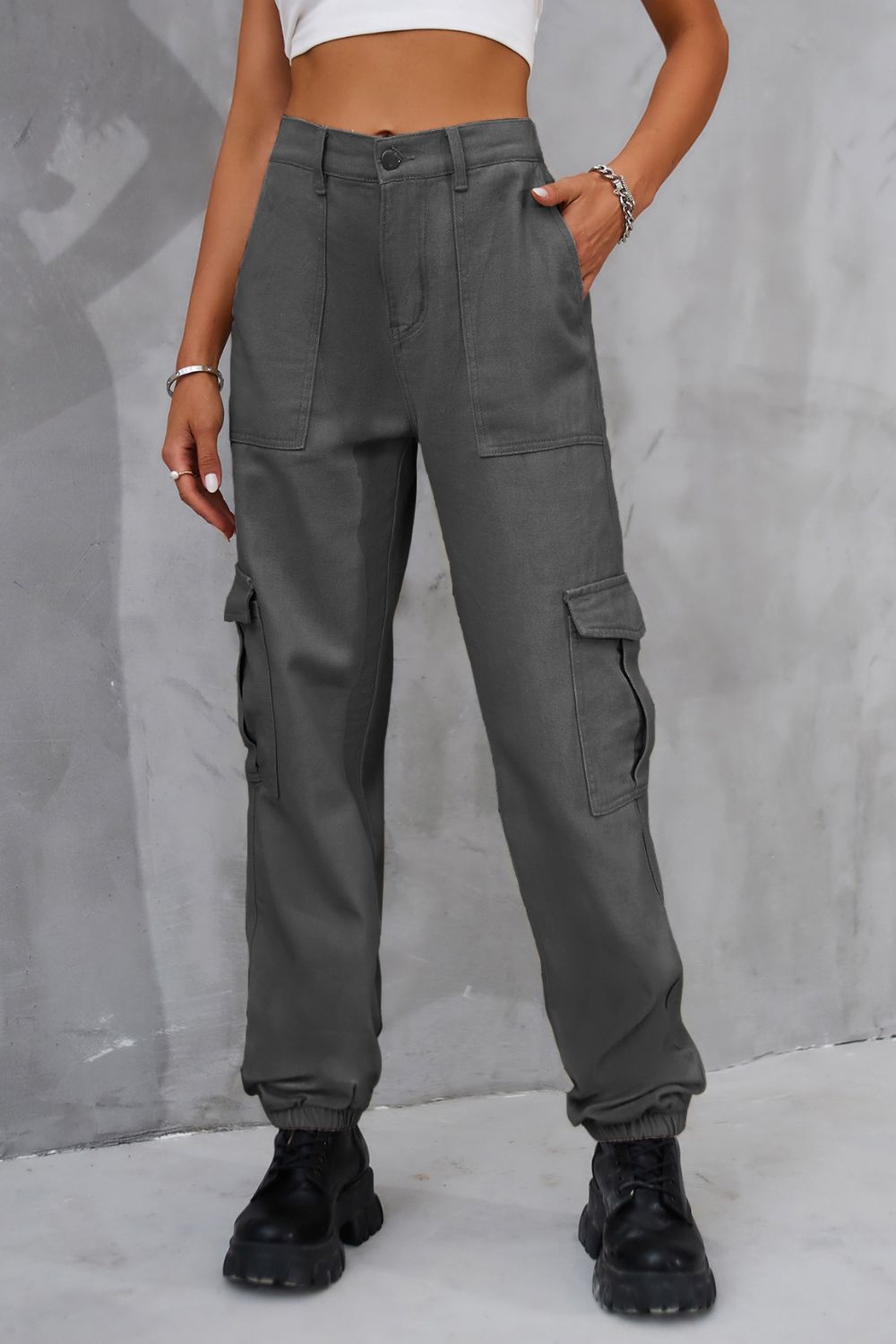 Buttoned High Waist  Cargo Style Jeans with Pockets