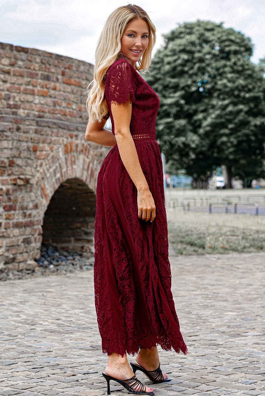 Short Sleeve Scalloped Trim Lace  Maxi Dress