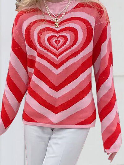 Retro Hearts on a Mock Neck Long Sleeve Sweater