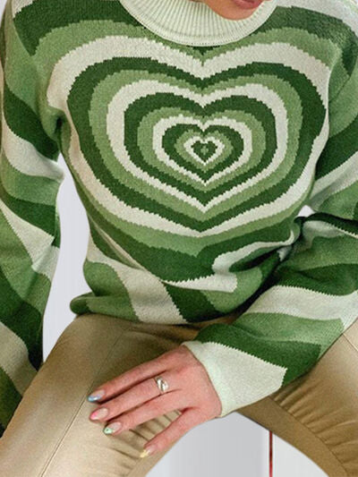 Retro Hearts on a Mock Neck Long Sleeve Sweater