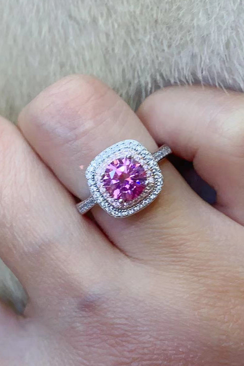Double Halo / Pink Square Shaped Moissanite Gem Ring