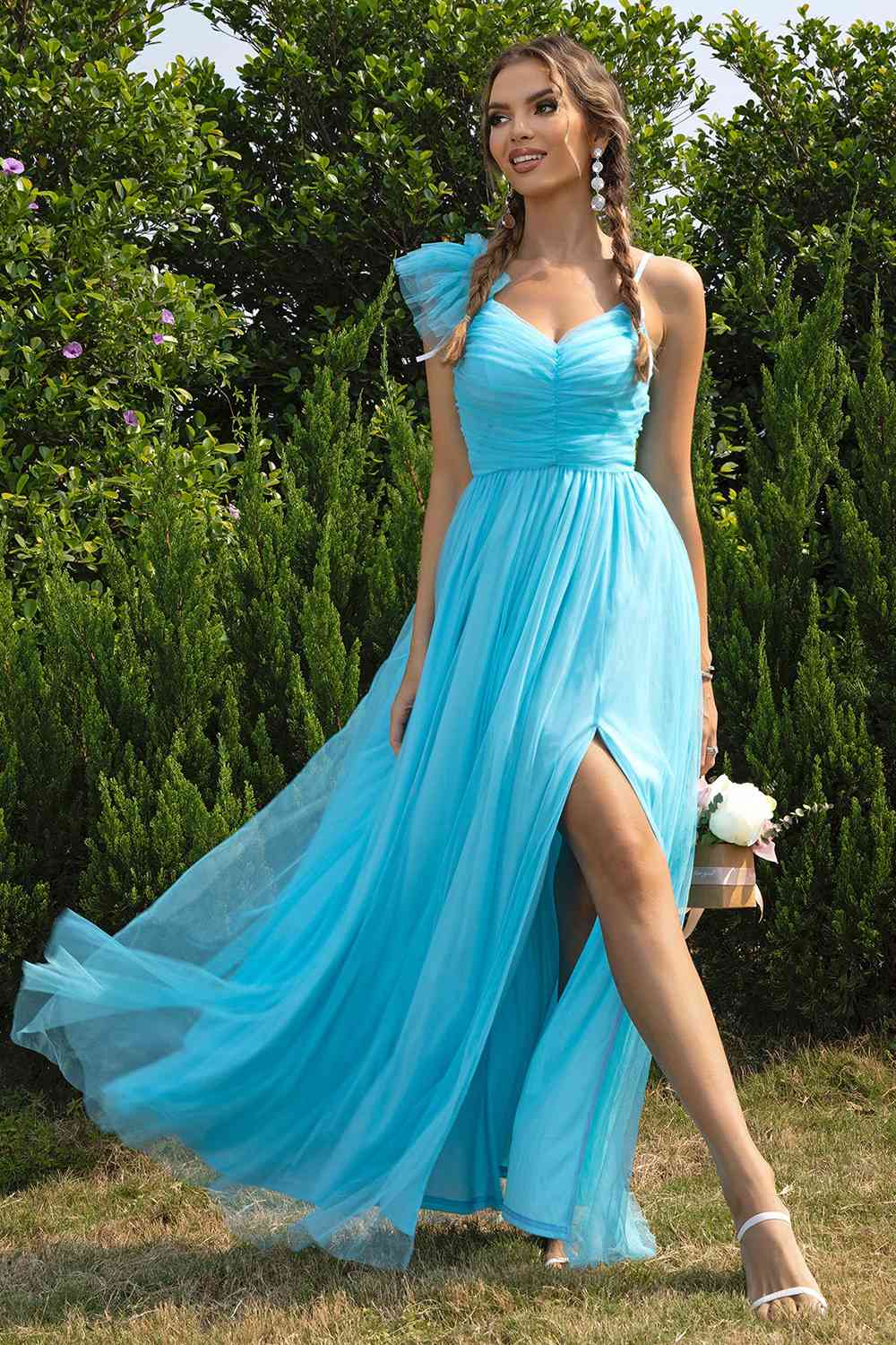 One Frill Sleeve Spaghetti Strap Flowy Chiffon Maxi Dress