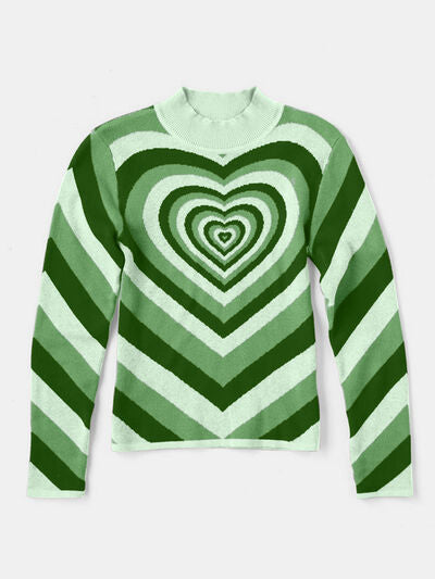 Retro Hearts on a Mock Neck Long Sleeve Sweater